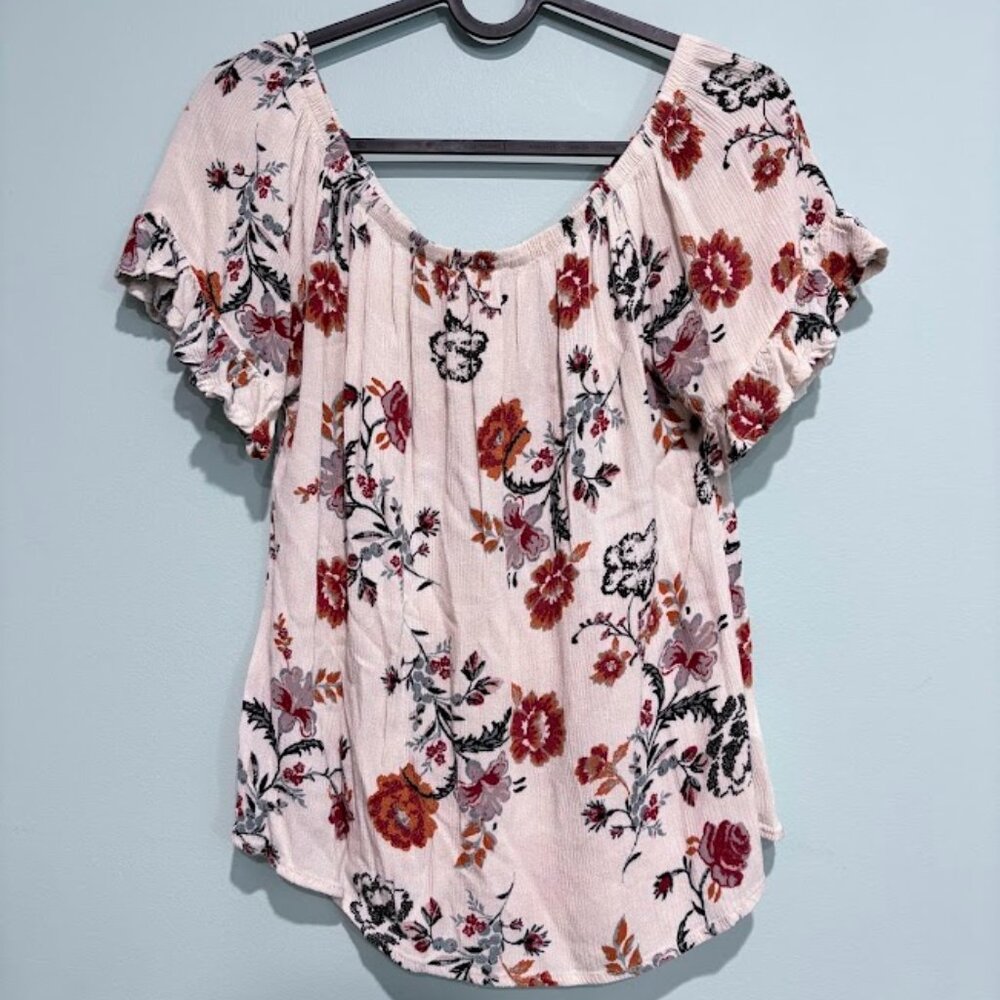 Ivory Gauze Floral Peasant Top with Ruffle Sleeves Bohemian Off Shoulder